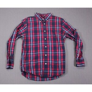 CHAPS Custom Fit Long Sleeve Shirt Button Down Red Dark Blue Plaid Cotton Men S